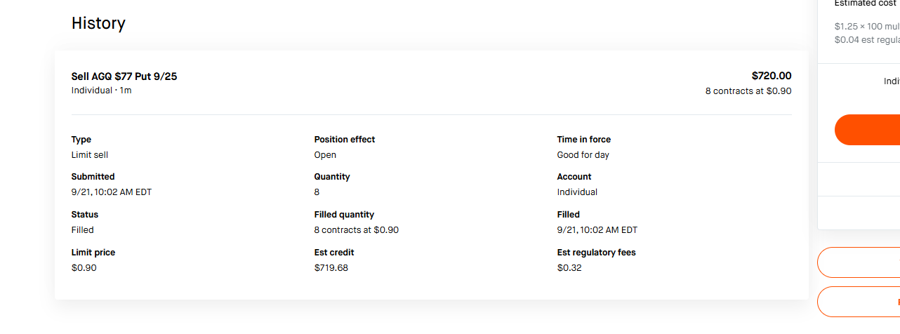 Broker order history: eight AGQ 77-dollar puts filled for a 720-dollar gross premium; estimated credit 719 dollars and 68 cents after estimated fees