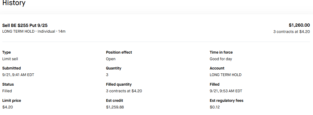 Broker order history showing three BE 255-dollar puts filled at 4 dollars and 20 cents each for 1,260 dollars gross credit